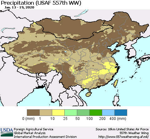 China, Mongolia and Taiwan Precipitation (USAF 557th WW) Thematic Map For 1/13/2020 - 1/19/2020