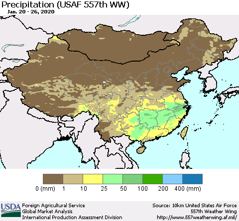 China, Mongolia and Taiwan Precipitation (USAF 557th WW) Thematic Map For 1/20/2020 - 1/26/2020