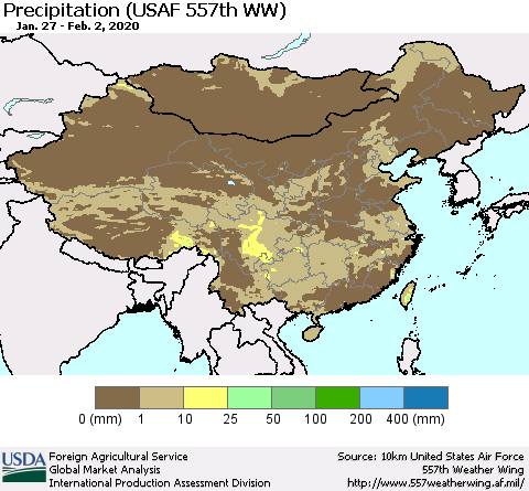 China, Mongolia and Taiwan Precipitation (USAF 557th WW) Thematic Map For 1/27/2020 - 2/2/2020