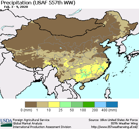 China, Mongolia and Taiwan Precipitation (USAF 557th WW) Thematic Map For 2/3/2020 - 2/9/2020