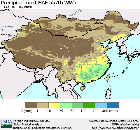 China, Mongolia and Taiwan Precipitation (USAF 557th WW) Thematic Map For 2/10/2020 - 2/16/2020