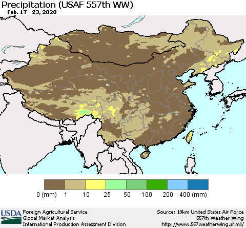 China, Mongolia and Taiwan Precipitation (USAF 557th WW) Thematic Map For 2/17/2020 - 2/23/2020