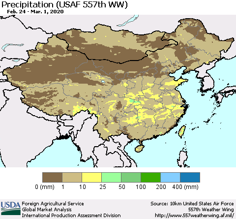 China, Mongolia and Taiwan Precipitation (USAF 557th WW) Thematic Map For 2/24/2020 - 3/1/2020