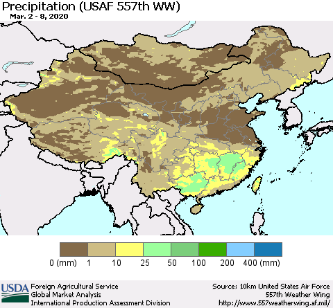 China, Mongolia and Taiwan Precipitation (USAF 557th WW) Thematic Map For 3/2/2020 - 3/8/2020