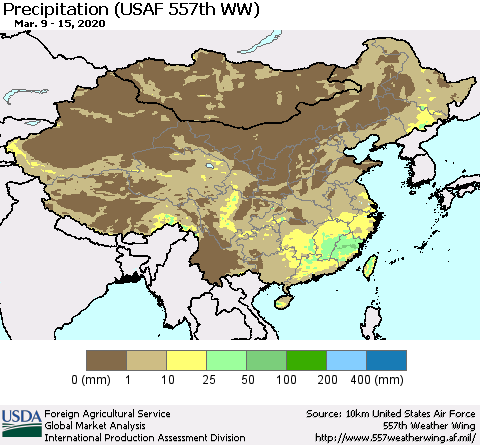 China, Mongolia and Taiwan Precipitation (USAF 557th WW) Thematic Map For 3/9/2020 - 3/15/2020