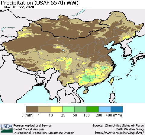 China, Mongolia and Taiwan Precipitation (USAF 557th WW) Thematic Map For 3/16/2020 - 3/22/2020