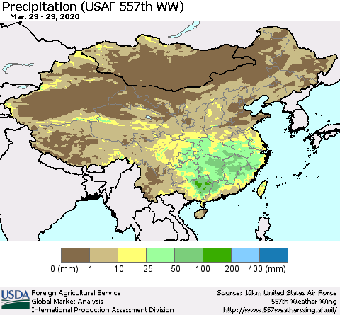 China, Mongolia and Taiwan Precipitation (USAF 557th WW) Thematic Map For 3/23/2020 - 3/29/2020