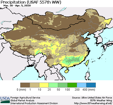 China, Mongolia and Taiwan Precipitation (USAF 557th WW) Thematic Map For 3/30/2020 - 4/5/2020