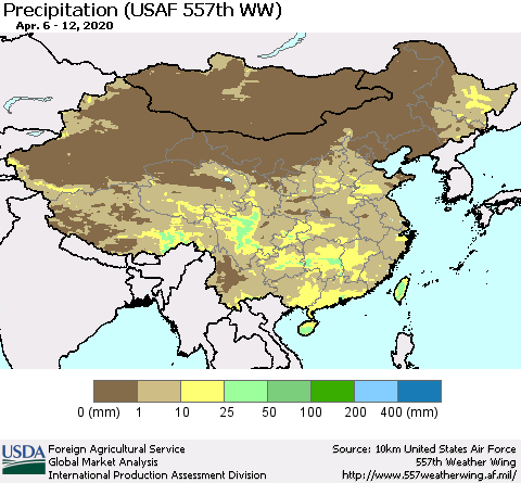 China, Mongolia and Taiwan Precipitation (USAF 557th WW) Thematic Map For 4/6/2020 - 4/12/2020