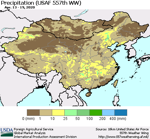 China, Mongolia and Taiwan Precipitation (USAF 557th WW) Thematic Map For 4/13/2020 - 4/19/2020