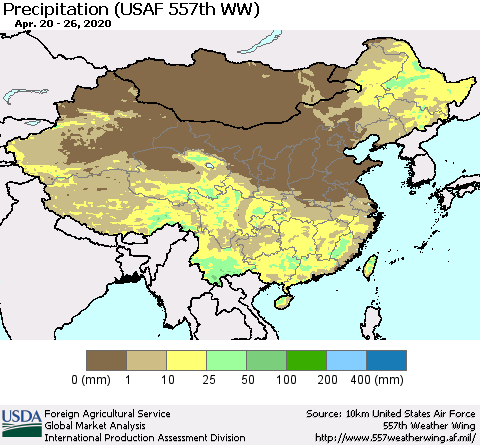 China, Mongolia and Taiwan Precipitation (USAF 557th WW) Thematic Map For 4/20/2020 - 4/26/2020