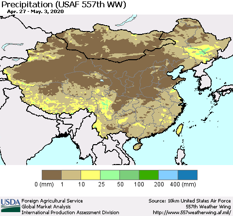 China, Mongolia and Taiwan Precipitation (USAF 557th WW) Thematic Map For 4/27/2020 - 5/3/2020