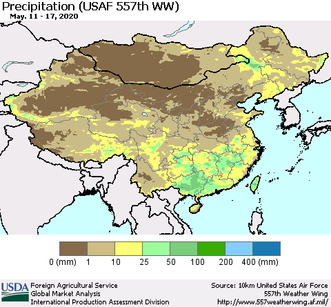 China, Mongolia and Taiwan Precipitation (USAF 557th WW) Thematic Map For 5/11/2020 - 5/17/2020