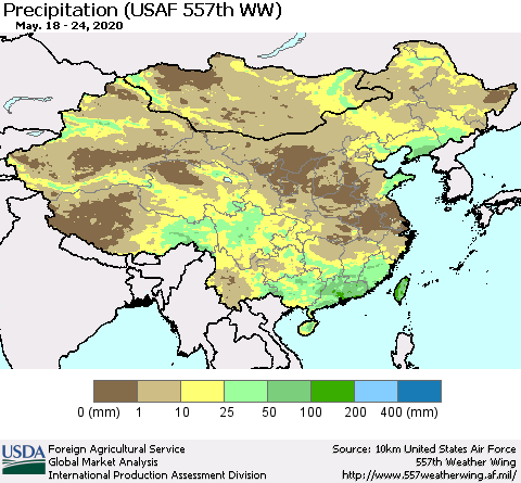 China, Mongolia and Taiwan Precipitation (USAF 557th WW) Thematic Map For 5/18/2020 - 5/24/2020
