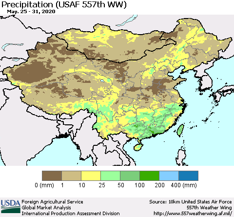 China, Mongolia and Taiwan Precipitation (USAF 557th WW) Thematic Map For 5/25/2020 - 5/31/2020