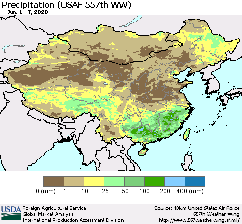 China, Mongolia and Taiwan Precipitation (USAF 557th WW) Thematic Map For 6/1/2020 - 6/7/2020
