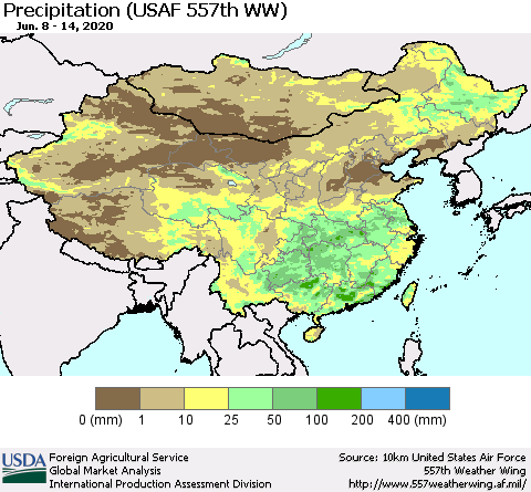 China, Mongolia and Taiwan Precipitation (USAF 557th WW) Thematic Map For 6/8/2020 - 6/14/2020