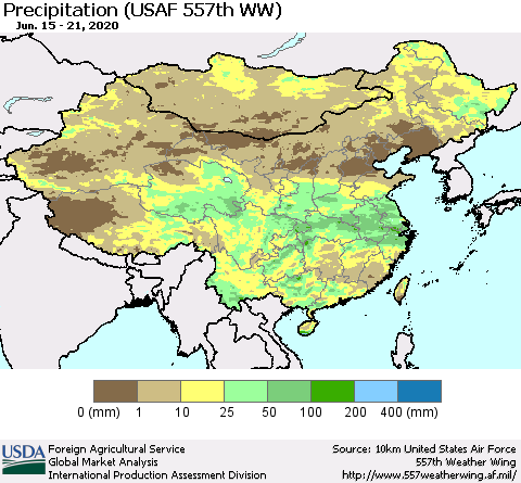 China, Mongolia and Taiwan Precipitation (USAF 557th WW) Thematic Map For 6/15/2020 - 6/21/2020