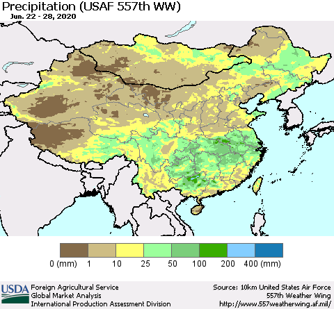 China, Mongolia and Taiwan Precipitation (USAF 557th WW) Thematic Map For 6/22/2020 - 6/28/2020