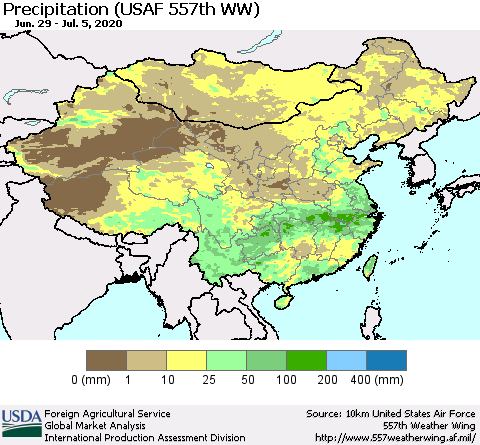 China, Mongolia and Taiwan Precipitation (USAF 557th WW) Thematic Map For 6/29/2020 - 7/5/2020