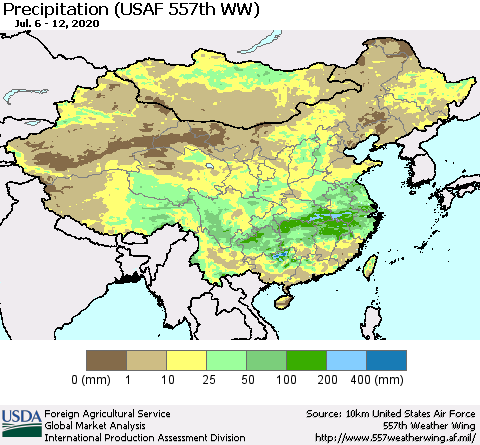 China, Mongolia and Taiwan Precipitation (USAF 557th WW) Thematic Map For 7/6/2020 - 7/12/2020