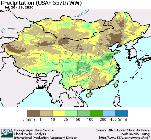 China, Mongolia and Taiwan Precipitation (USAF 557th WW) Thematic Map For 7/20/2020 - 7/26/2020