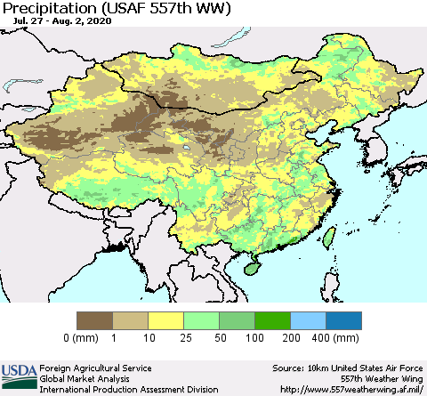 China, Mongolia and Taiwan Precipitation (USAF 557th WW) Thematic Map For 7/27/2020 - 8/2/2020
