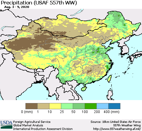 China, Mongolia and Taiwan Precipitation (USAF 557th WW) Thematic Map For 8/3/2020 - 8/9/2020