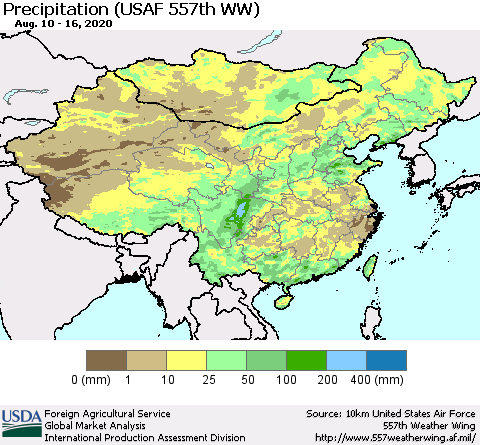 China, Mongolia and Taiwan Precipitation (USAF 557th WW) Thematic Map For 8/10/2020 - 8/16/2020