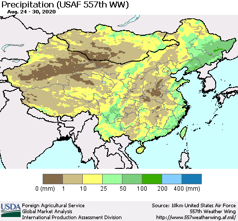 China, Mongolia and Taiwan Precipitation (USAF 557th WW) Thematic Map For 8/24/2020 - 8/30/2020