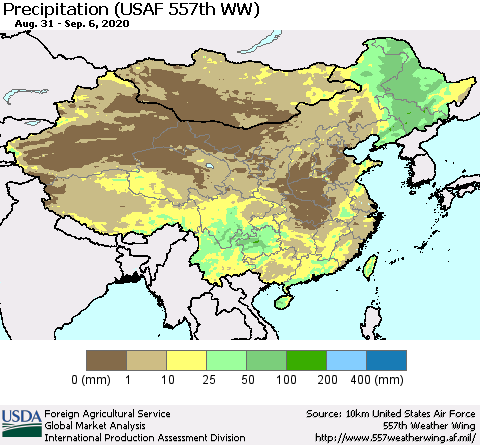 China, Mongolia and Taiwan Precipitation (USAF 557th WW) Thematic Map For 8/31/2020 - 9/6/2020