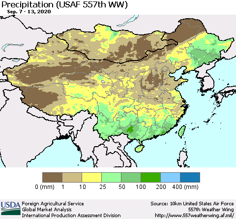 China, Mongolia and Taiwan Precipitation (USAF 557th WW) Thematic Map For 9/7/2020 - 9/13/2020