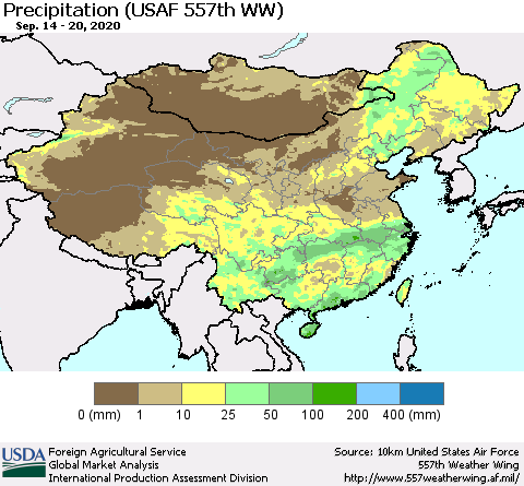 China, Mongolia and Taiwan Precipitation (USAF 557th WW) Thematic Map For 9/14/2020 - 9/20/2020