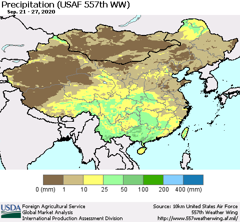 China, Mongolia and Taiwan Precipitation (USAF 557th WW) Thematic Map For 9/21/2020 - 9/27/2020
