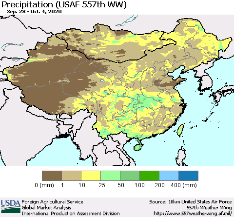 China, Mongolia and Taiwan Precipitation (USAF 557th WW) Thematic Map For 9/28/2020 - 10/4/2020