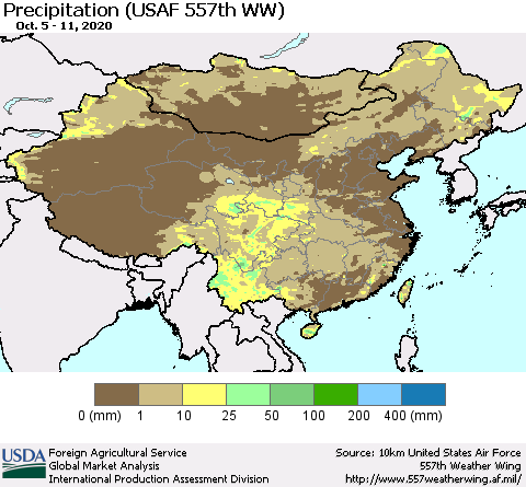 China, Mongolia and Taiwan Precipitation (USAF 557th WW) Thematic Map For 10/5/2020 - 10/11/2020