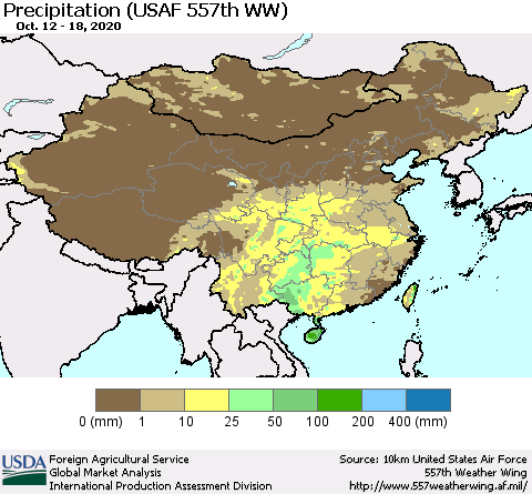 China, Mongolia and Taiwan Precipitation (USAF 557th WW) Thematic Map For 10/12/2020 - 10/18/2020