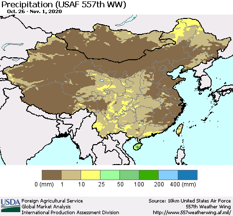 China, Mongolia and Taiwan Precipitation (USAF 557th WW) Thematic Map For 10/26/2020 - 11/1/2020