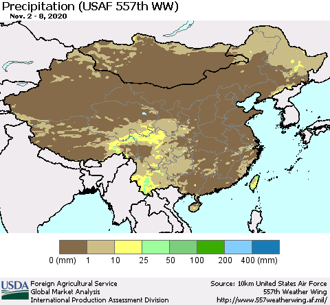 China, Mongolia and Taiwan Precipitation (USAF 557th WW) Thematic Map For 11/2/2020 - 11/8/2020