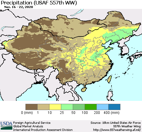 China, Mongolia and Taiwan Precipitation (USAF 557th WW) Thematic Map For 11/16/2020 - 11/22/2020