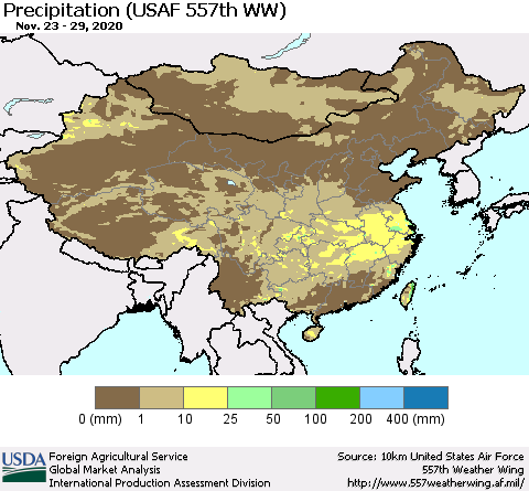 China, Mongolia and Taiwan Precipitation (USAF 557th WW) Thematic Map For 11/23/2020 - 11/29/2020