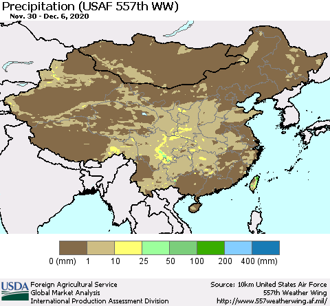 China, Mongolia and Taiwan Precipitation (USAF 557th WW) Thematic Map For 11/30/2020 - 12/6/2020
