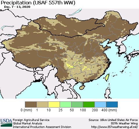 China, Mongolia and Taiwan Precipitation (USAF 557th WW) Thematic Map For 12/7/2020 - 12/13/2020
