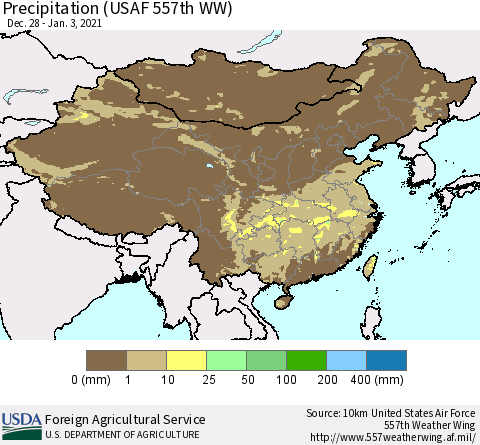 China, Mongolia and Taiwan Precipitation (USAF 557th WW) Thematic Map For 12/28/2020 - 1/3/2021