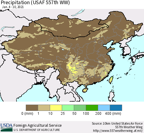 China, Mongolia and Taiwan Precipitation (USAF 557th WW) Thematic Map For 1/4/2021 - 1/10/2021