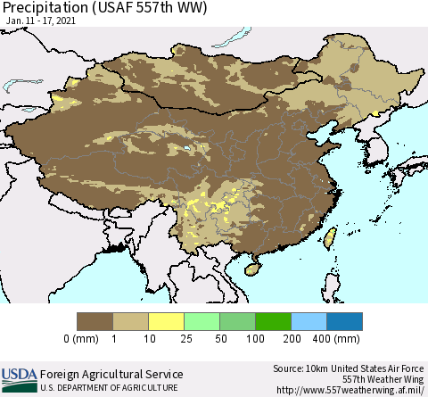 China, Mongolia and Taiwan Precipitation (USAF 557th WW) Thematic Map For 1/11/2021 - 1/17/2021