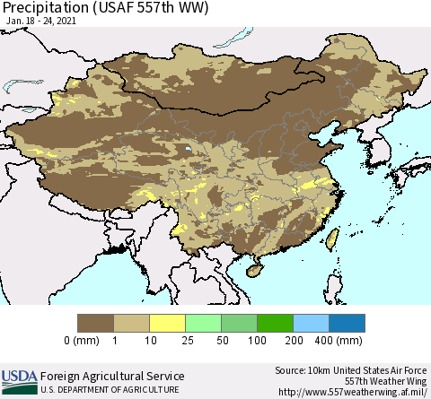 China, Mongolia and Taiwan Precipitation (USAF 557th WW) Thematic Map For 1/18/2021 - 1/24/2021
