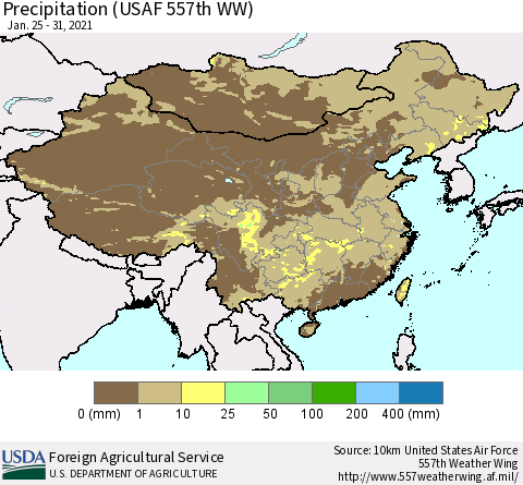 China, Mongolia and Taiwan Precipitation (USAF 557th WW) Thematic Map For 1/25/2021 - 1/31/2021