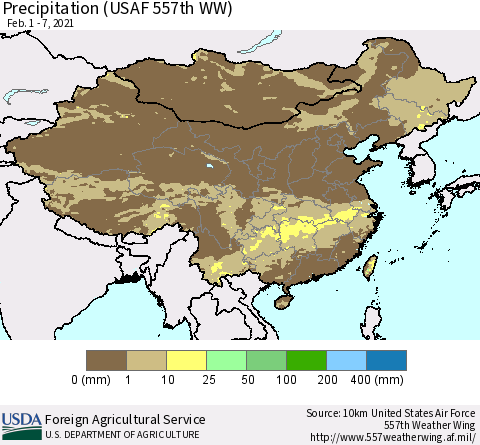 China, Mongolia and Taiwan Precipitation (USAF 557th WW) Thematic Map For 2/1/2021 - 2/7/2021