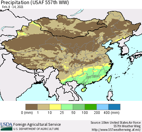 China, Mongolia and Taiwan Precipitation (USAF 557th WW) Thematic Map For 2/8/2021 - 2/14/2021